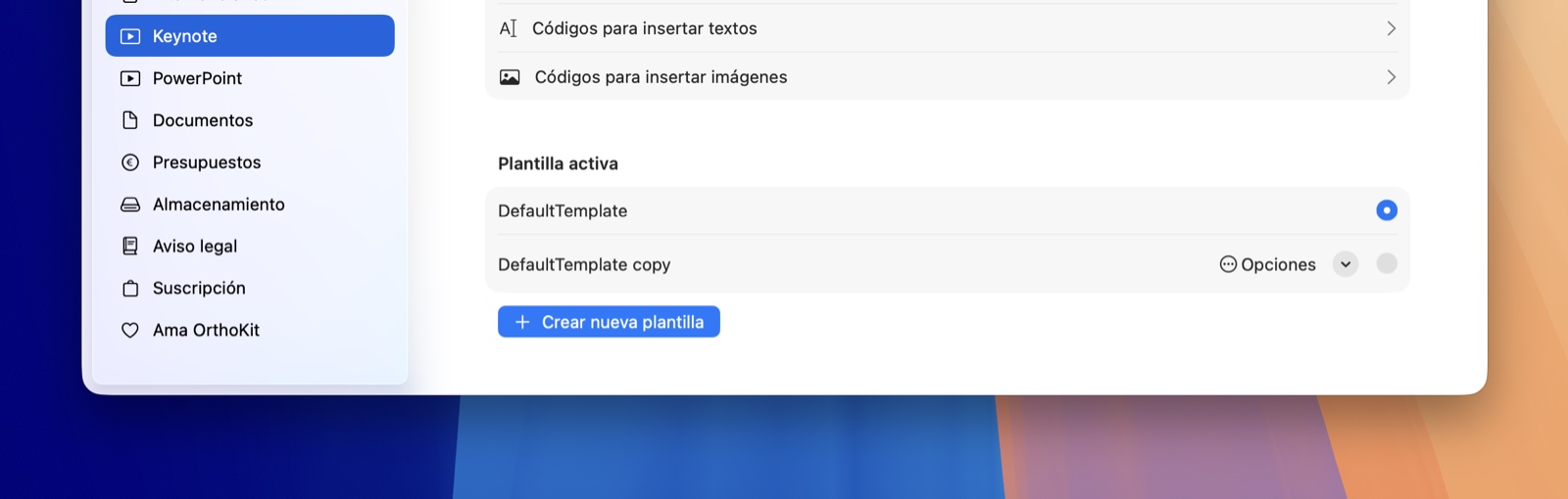 تنظیمات Keynote Builder در OrthoKit با دکمه ایجاد قالب جدید