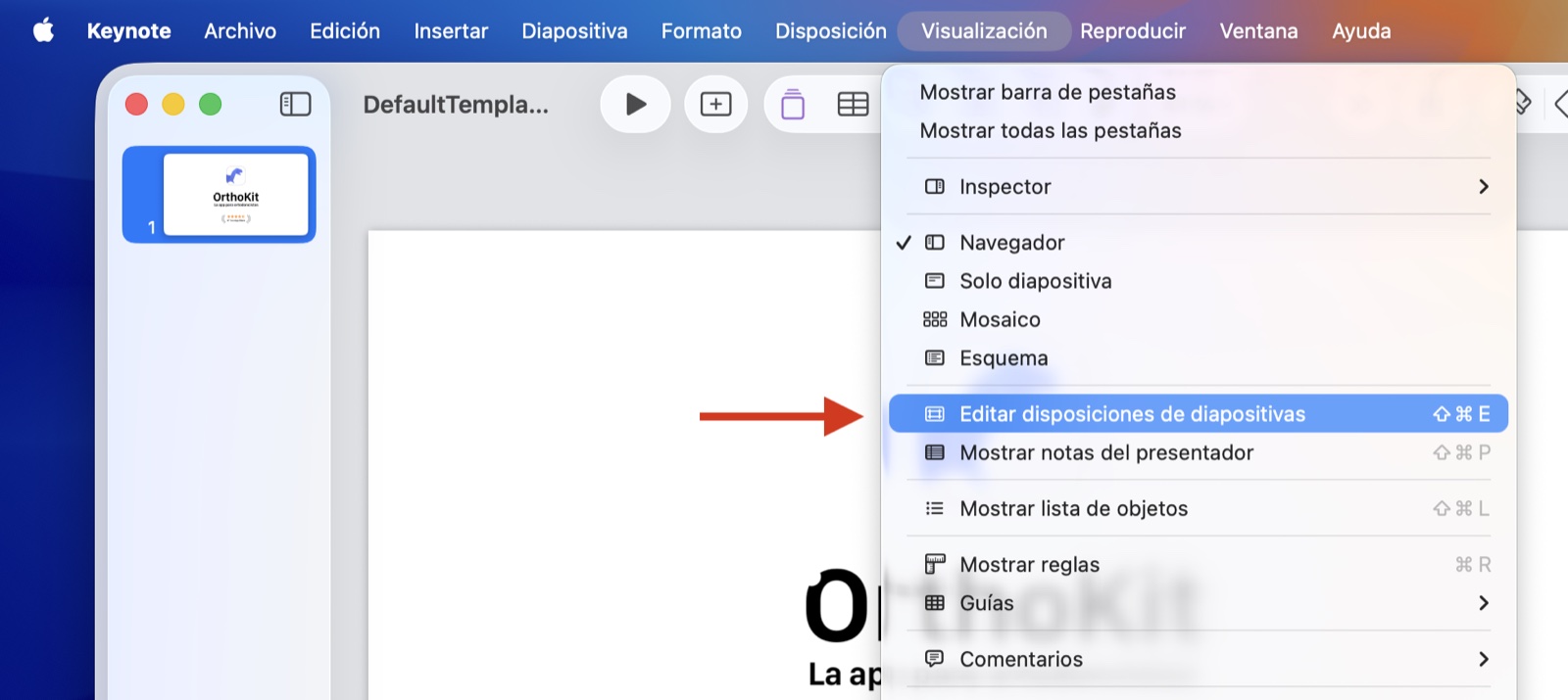 منوی نمایش Keynote با گزینه ویرایش چیدمان‌های اسلاید برجسته شده