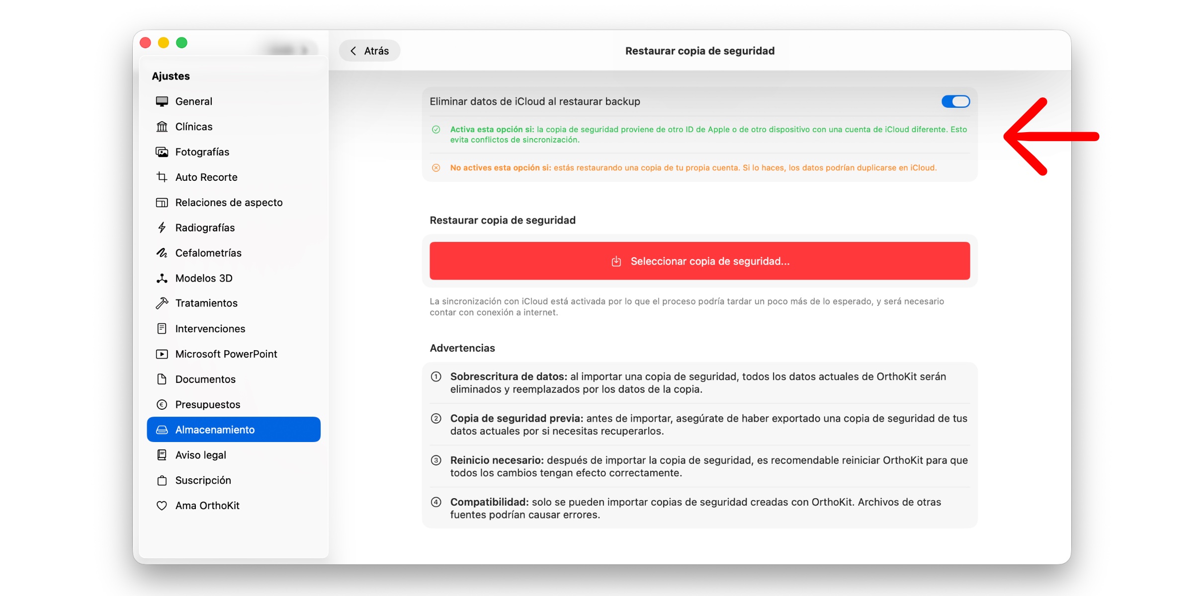 Écran de restauration d’une sauvegarde dans OrthoKit